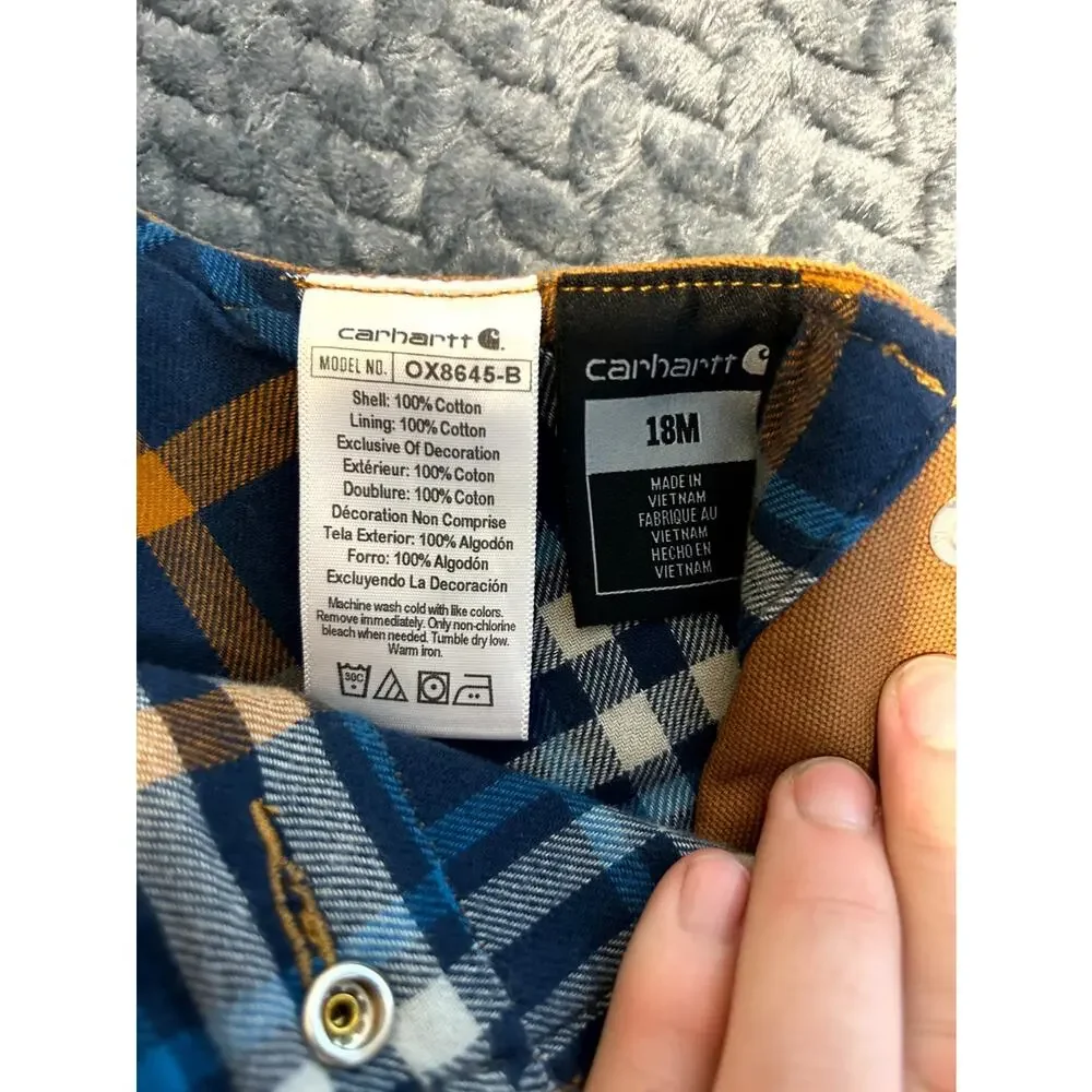 Carhartt Canvas Bib Overalls Youth Kids 18M Brown Flannel Lined Adjustable Strap